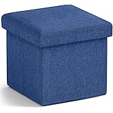 Ornavo Home Small Storage Ottoman Foldable Collapsible Cube Square Linen Ottoman Foot Rest Stool Seat, for Living Room, Bedroom, Home Office, Dorm - 12 x 12 x 12, Navy Blue