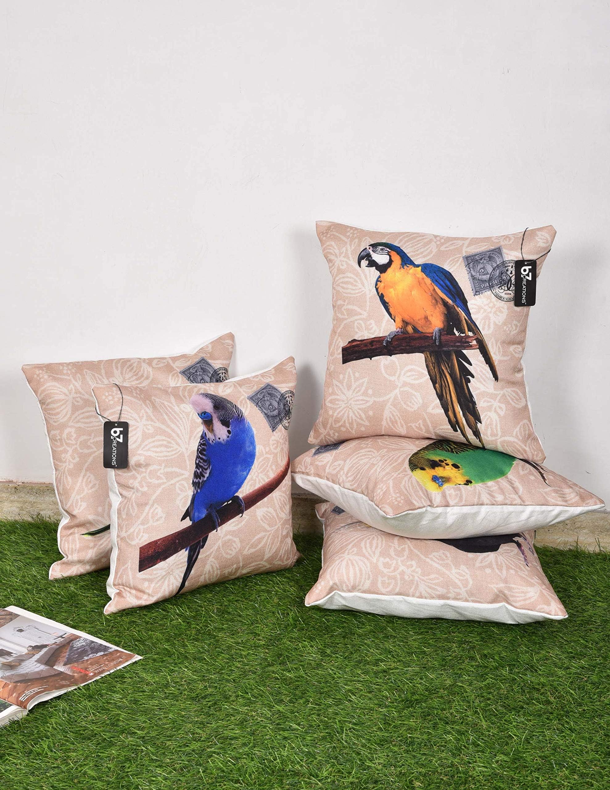 b7 CREATIONS Birds Digital Printed Jute Cushion Cover (Beige,16 x 16 inch) - Set of 5
