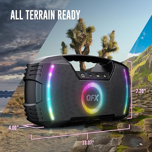 POWERFUL & PORTABLE WATERPROOF ALL TERRAIN BLUETOOTH SPEAKER WITH DEEP BASS, LED PARTY LIGHTS, FAST USB-C CHARGING, FM RADIO, AUX – QFX BT-ZX35