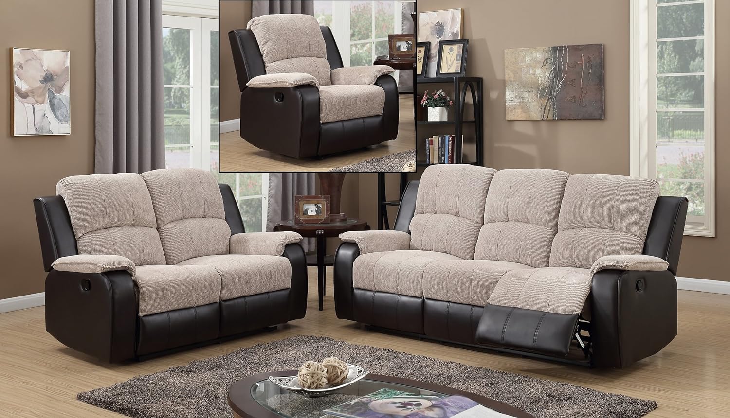 SC Furniture Ltd Beige/Brown Reclining Fabric Material 3 Seater Sofa