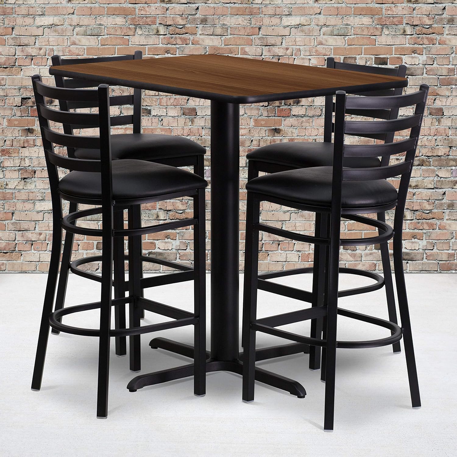 Flash Furniture 24''W x 42''L Rectangular Walnut Laminate Table Set with 4 Ladder Back Metal Barstools - Black Vinyl Seat