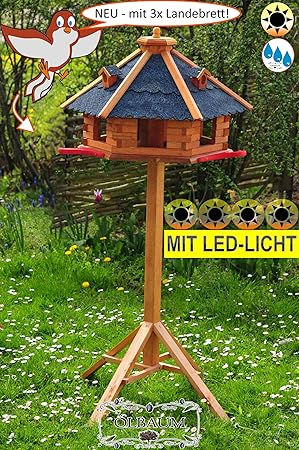 BTV Garten-Vogelfutterhaus, Landebahn + LED mit Ständer grau Vogelhäuschen