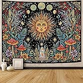 Accnicc Boho Sun and Moon Tapestry Hippie Mushroom Floral Wall Tapestry for Bedroom Aesthetic Vintage Plant Celestial Spiritual Small Tapestries Wall Hanging for Dorm Living Room Decor 48 x 36 Inch