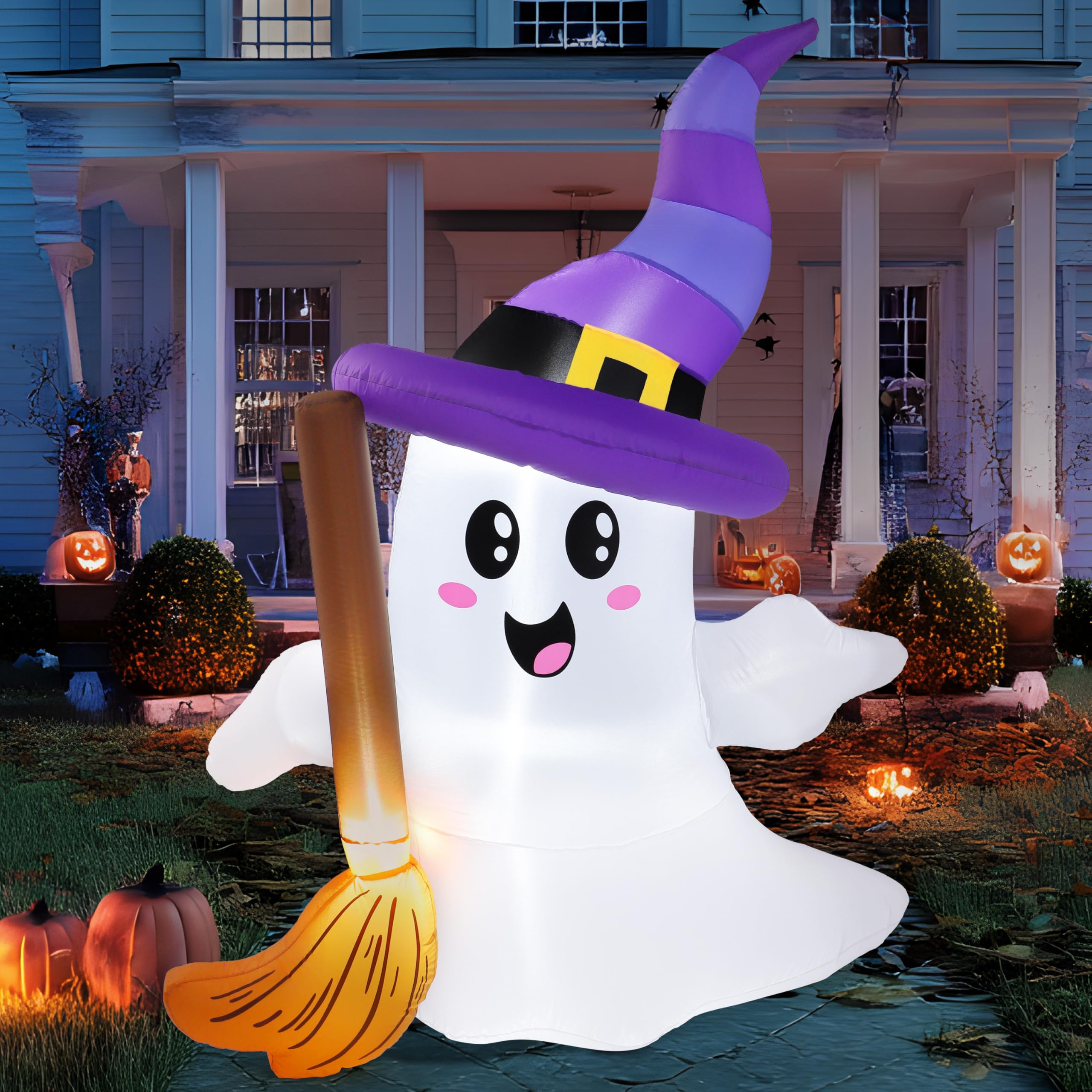 Photo 1 of JOYIN 6 FT Tall Halloween Inflatables Ghost Outdoor Decorations, Cute Blow Up Ghost Holding Broom with LED, Blow Up Yard Decorations for Halloween Outdoor Yard Garden Lawn Party Decor