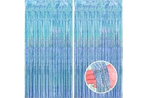 CANREVEL 2 Pack 3.3x8.2 Feet Light Blue Foil Fringe Backdrop Curtains, Glitter Tinsel Streamers Birthday Party Decorations, Fringe Backdrop for Baby Shower Mermaid Under The Sea Ocean Frozen Party