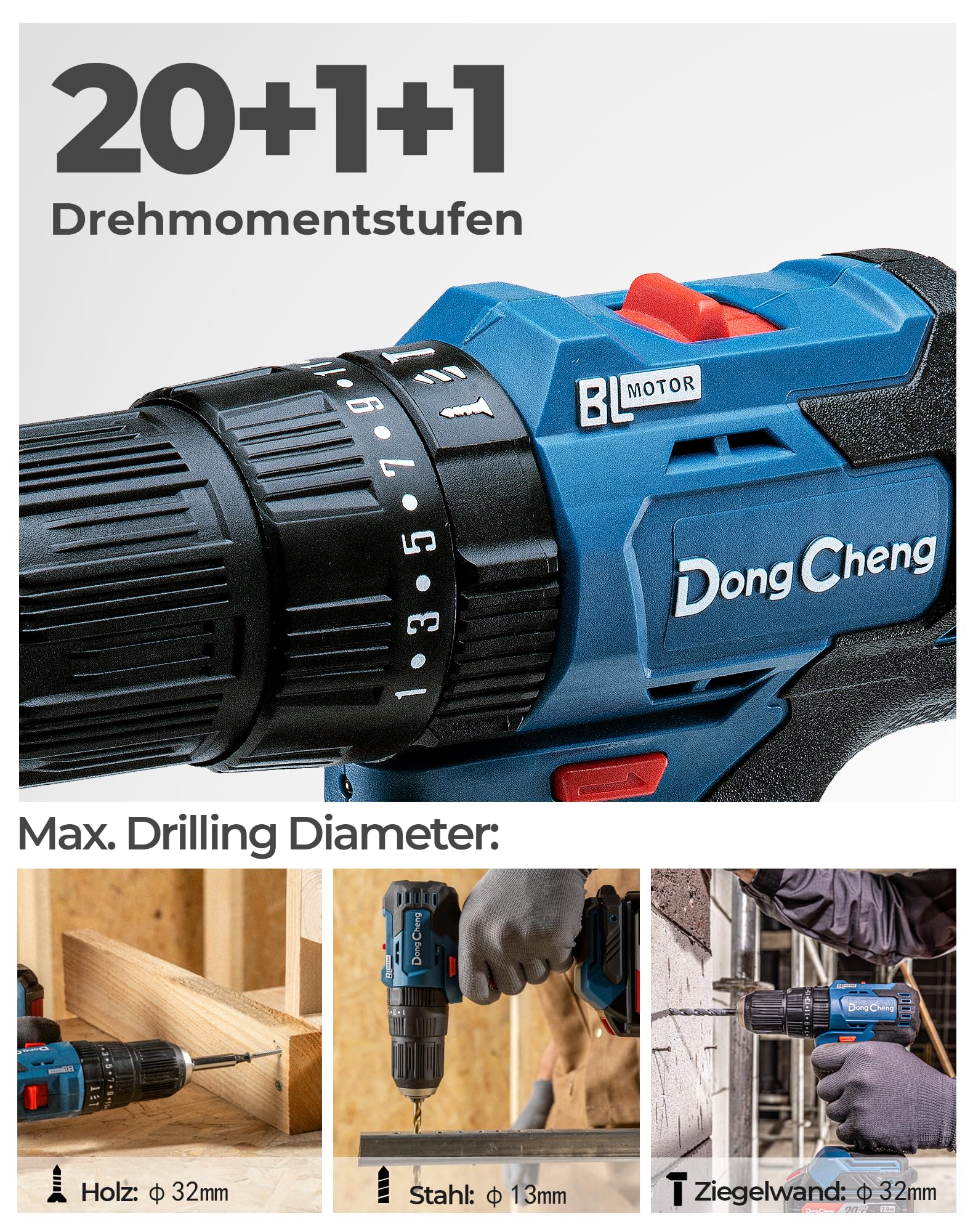 Dong Cheng Akku-Schlagbohrschrauber-Set 18V 50Nm, bürstenlose Schlagbohrmaschine (2x2,0 Ah), 20+1+1 Drehmomentstufen Akkubohrer, 2 Gang, 13mm Bohrfutt 5