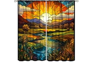 ESPROUTTY Stained Glass Curtains, Vintage Stained Glass Curtains, Beautiful Nature Scenery Stained Glass Art Window Treatment for Living Room Bedroom Kitchen 42" W x 84" L x2【Blackout】