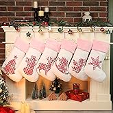 NEXAVENT White Pink Christmas Stockings 6 Pack 20" Large Embroidered Buffalo Pink Plaid Pink Fur Fireplace Hanging Xmas Stockings for Family Holiday Season Decor(Set of 6)