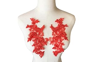 Heyiwell Red Embroidered Applique Flower Patches for Sew on Bridal Wedding Ballet Dress Lace Decor 1 Pair, 11"x3.93" Inch