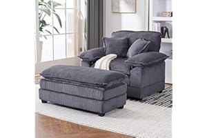 LuxyHoom 56.3'' Oversized Chaise Lounge Indoor, Wide Corduroy Single Sofa Chair with Ottoman, Plush Upholstered Deep Seat, Lazy Sleeper Sofa for Living Room, Apartment, Salon, Home Theater, Grey