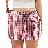 COOTRY Plus Size Women Boxer Shorts Cotton Plaid Gingham Shorts Casual Pajama Sleep Shorts Y2K Beach Bottoms