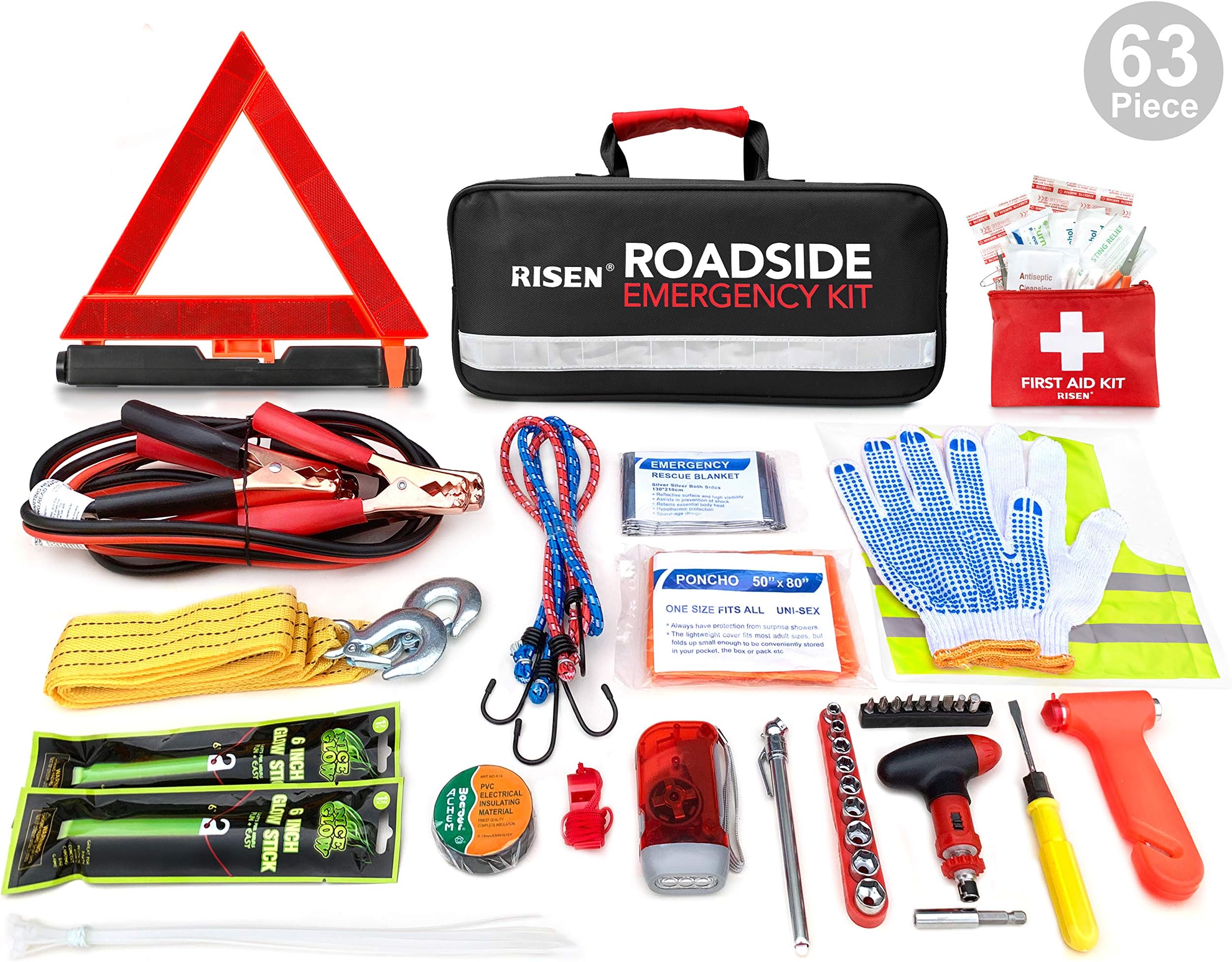 RISEN Premium Roadside Assistance Car Emergency Kit + Bonus First Aid Kit - Auto Safety Kit Contains Jumper Cables, Warning Triangle, Tow Rope, Screw Kit (63 Pcs/Pack)