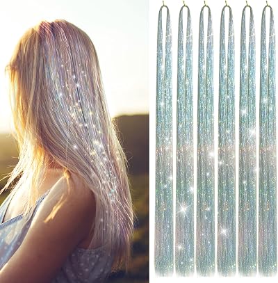 CWAWF Hair Tinsel Kit 47" 1200 Strands Heat Resistant Glitter Extension Silver