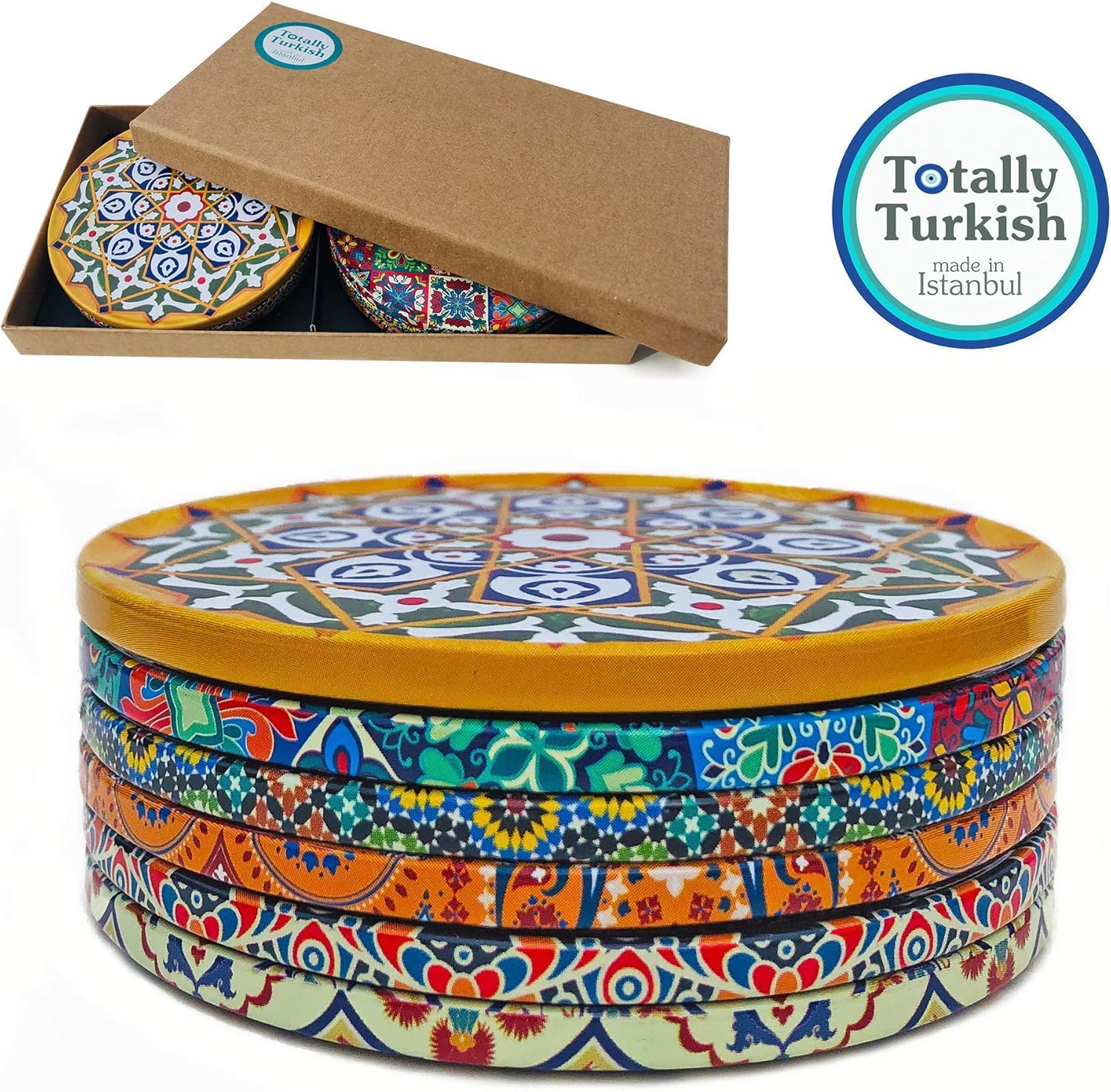 Totally Turkish - Patterned Drink Coasters Set of 6 - Giftable Design Drinks Mat Set - Non-Scratch Top With Non-Slip Cork Base (Galata) - Image 3
