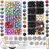 EuTengHao 1146Pcs Lava Beads Round Loose Marble Beads Ink Patterns Chakra Beads with Spacer Beads Pendants Jewelry Findings for Adult DIY Bracelet Necklace Earring Jewelry Making Crafts