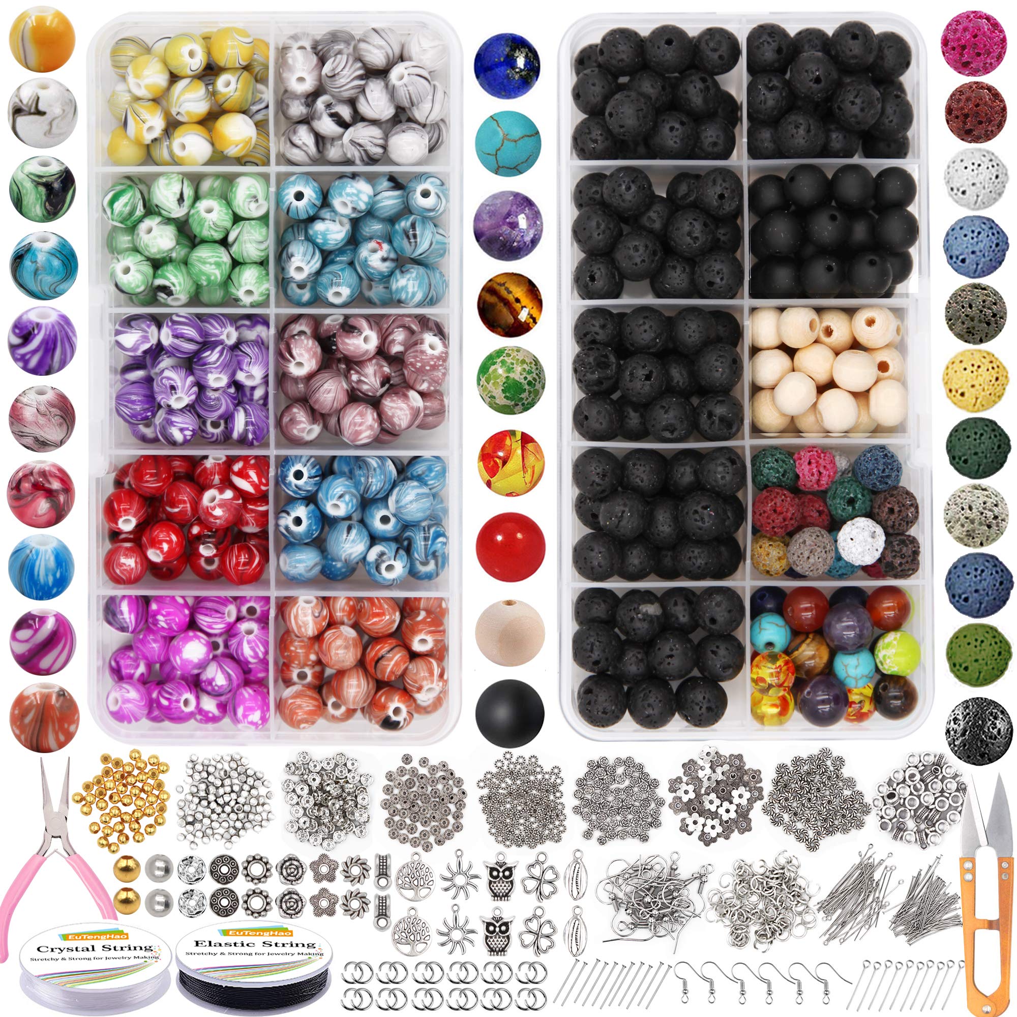 EuTengHao 1146Pcs Lava Round Loose Marble Beads in Ink Patterns with Spacer Beads Pendants for Adult DIY Bracelet Necklace Earring Jewelry Making Crafts