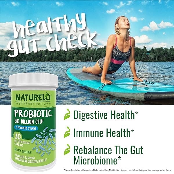 NATURELO PROBIOTICS FOR DIGESTIVE HEALTH, 50 BILLION CFU, 30 VEGETARIAN CAPSULES, 11 STRAINS, DAILY USE SUPPLEMENT, DELAYED RELEASE, NO-FRIDGE, HELPS BOOST IMMUNE SYSTEM, PROBIOTICS FOR WOMEN & MEN