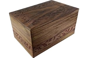 Indian Glance Wooden Urn Box - Urn for Human Ashes Funeral Cremation Urn with Hand Carved Design (XX-Large 9.5" x 7.5" x 5" Urn Holds: 225 cu. in.)