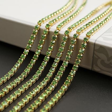 USIX 10 Yards Crystal Rhinestone Close Chain Trimming Claw Chain Multi Size Color Rhinestone Chain for DIY Arts Craft Sewing Jewelry Making, Green-Gold Chain, SS12/3.0MM