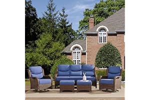 HILLGA Luxury Outdoor 5-Pieces High Back Patio Furniture Set with 6'' Thick Cushions, 3-Seater Sofa with Swivel Rocker Chairs and Ottomans, Ideal for Porch, Poolside, Deck, and Yard (Blue)