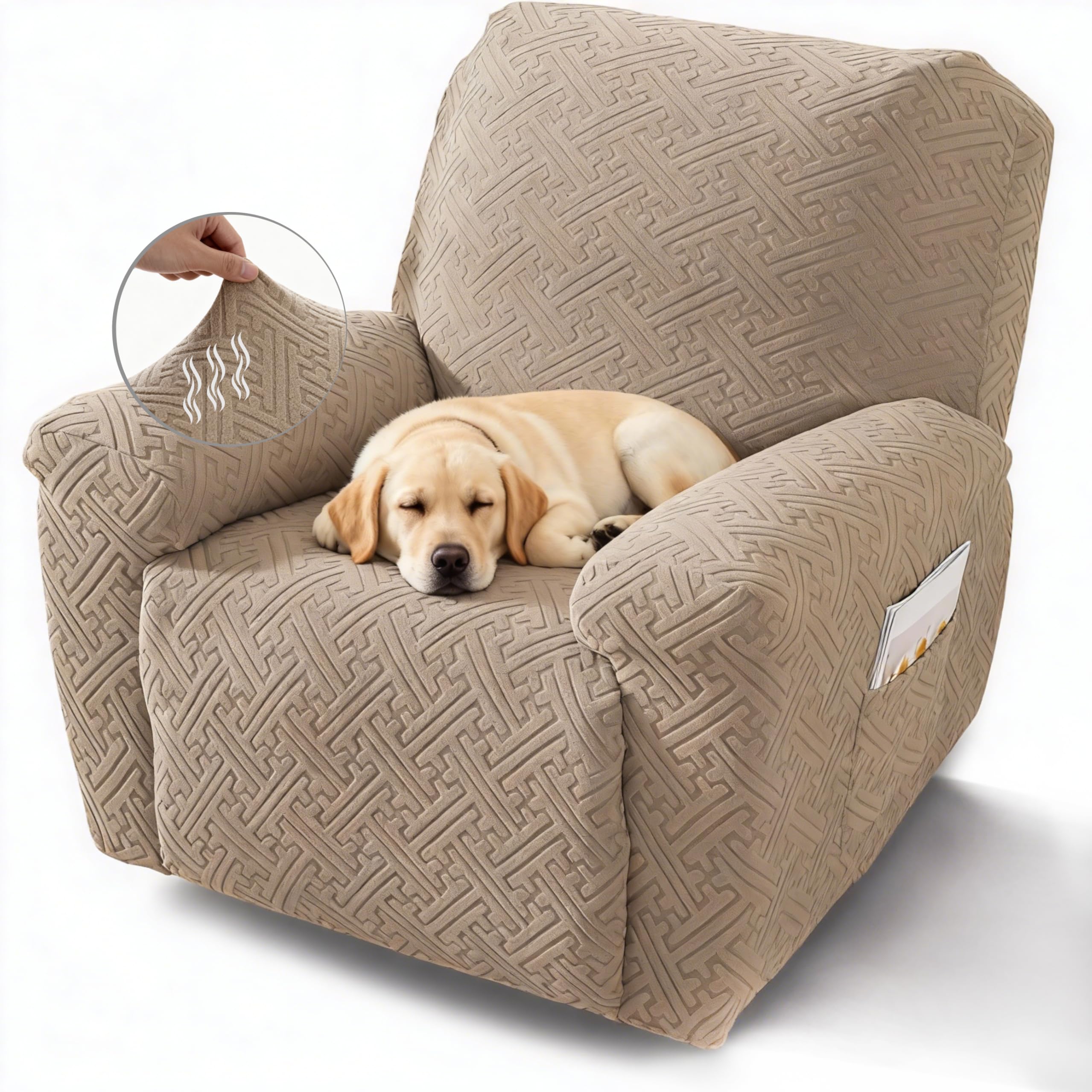 Photo 1 of NORTHERN BROTHERS Recliner Chair Covers, Stretch Recliner Covers That Stay in Place 4 Pieces1 Seater with Storage Pockets Soft Recliner Slipcovers for Kids, Pet, Khaki