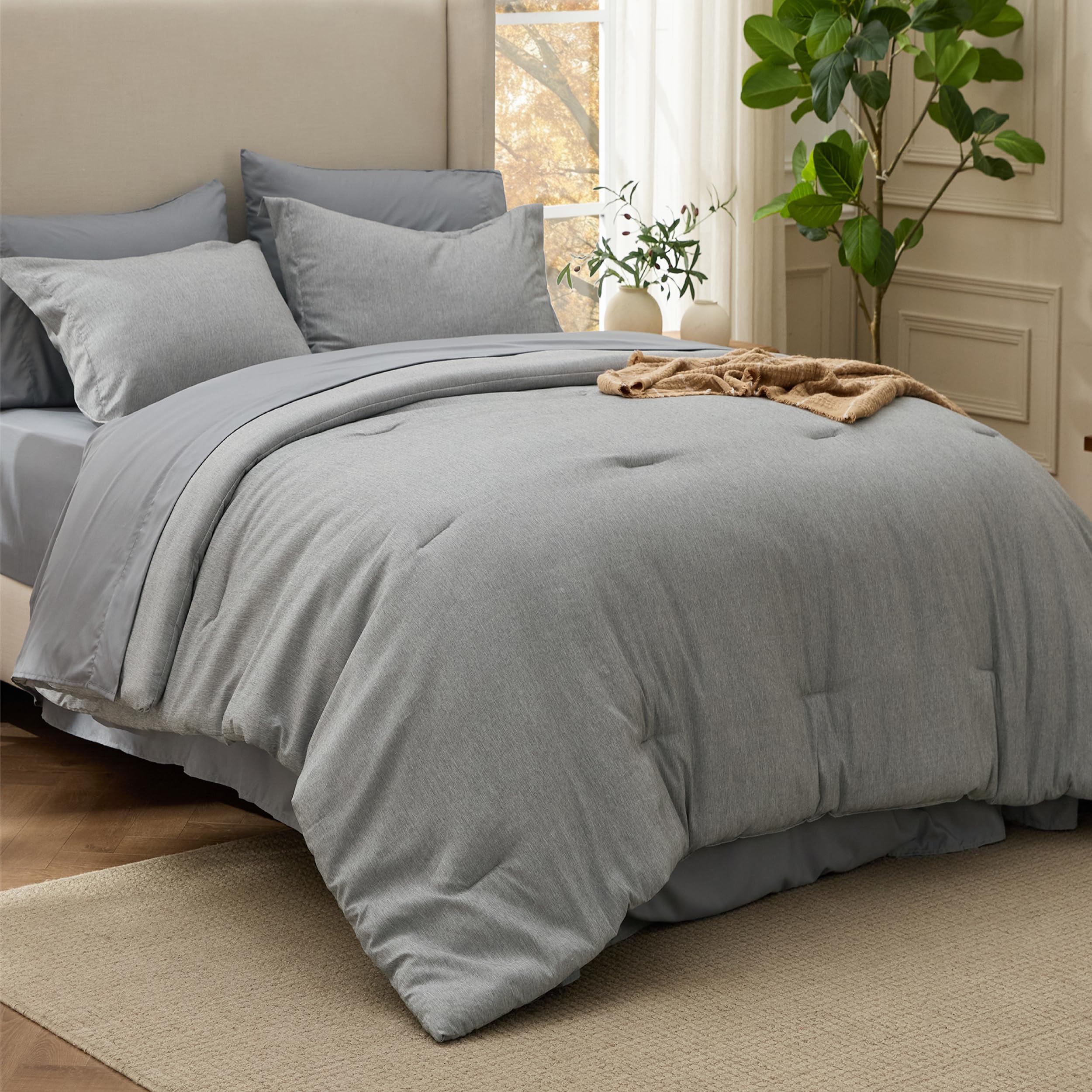 Bedsure King Size Comforter Set Dark Grey - Bed in a Bag King Bedding 7 Pieces, Cationic Dyed Bed Set Gift for Family, Dark Grey Soft Bedding for All Seasons Comforter with Sheets, Pillowcases & Shams Image