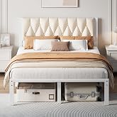 Decofy Full Size Upholstered Bed Frame with Tufted Headboard and Raised Footboard, Metal Platform Bed Frame, Easy Assembly, Noise Free, No Spring Box Needed (Beige)
