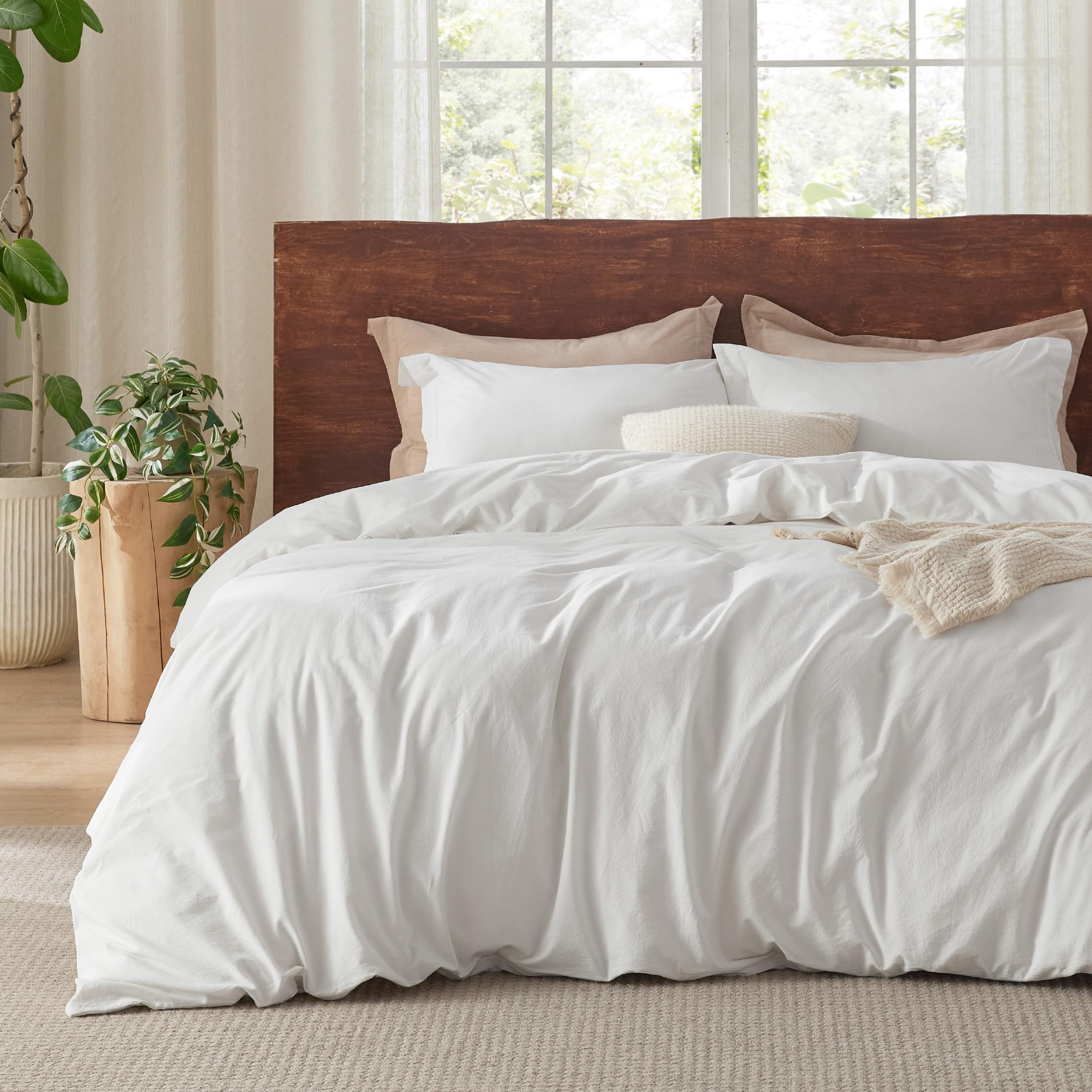 Photo 1 of Bedsure 100% Washed Cotton Duvet Cover Queen Size - Natural White Minimalist Duvet Cover for All Seasons - GentleSoft™ Plain Simple Cotton Bedding Set with 2 Pillow Shams (White, Queen, 90"x90")
