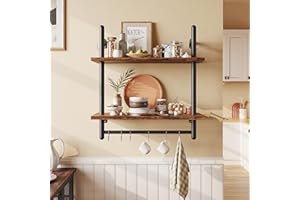 Bestier Floating Shelves Kitchen Shelves Wall Mounted 24" 2 Tier Ladder Shelves with Tower Bar, Wall Decor for Bathroom, Bedroom, Living Room, Coffee bar & Balcony, Rustic Brown