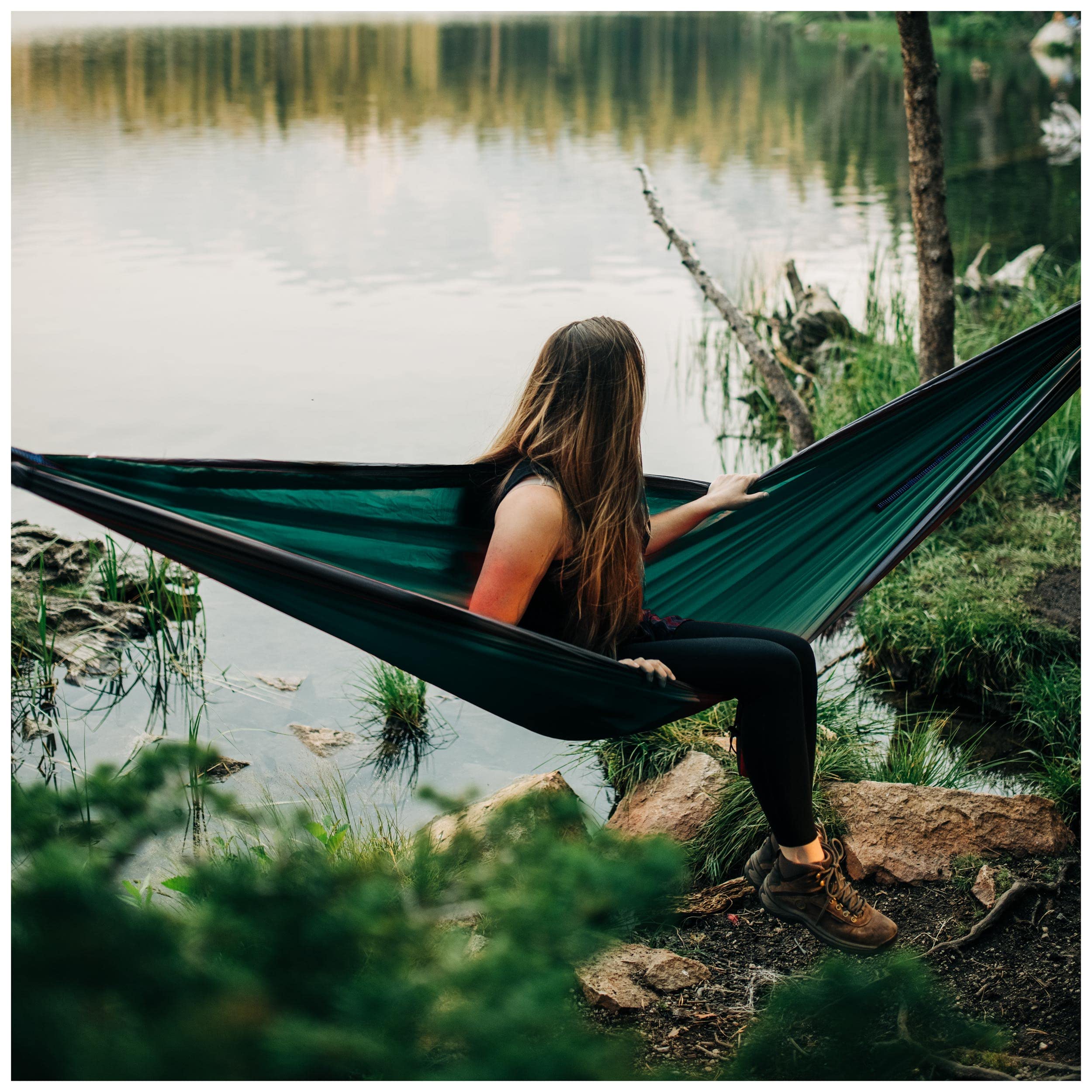 Evergreen Lightweight Outdoor Portable Camping Hammock - Single & Double with Tree Straps for Backpacking, Camping, Travel, Hiking (Double, Green)