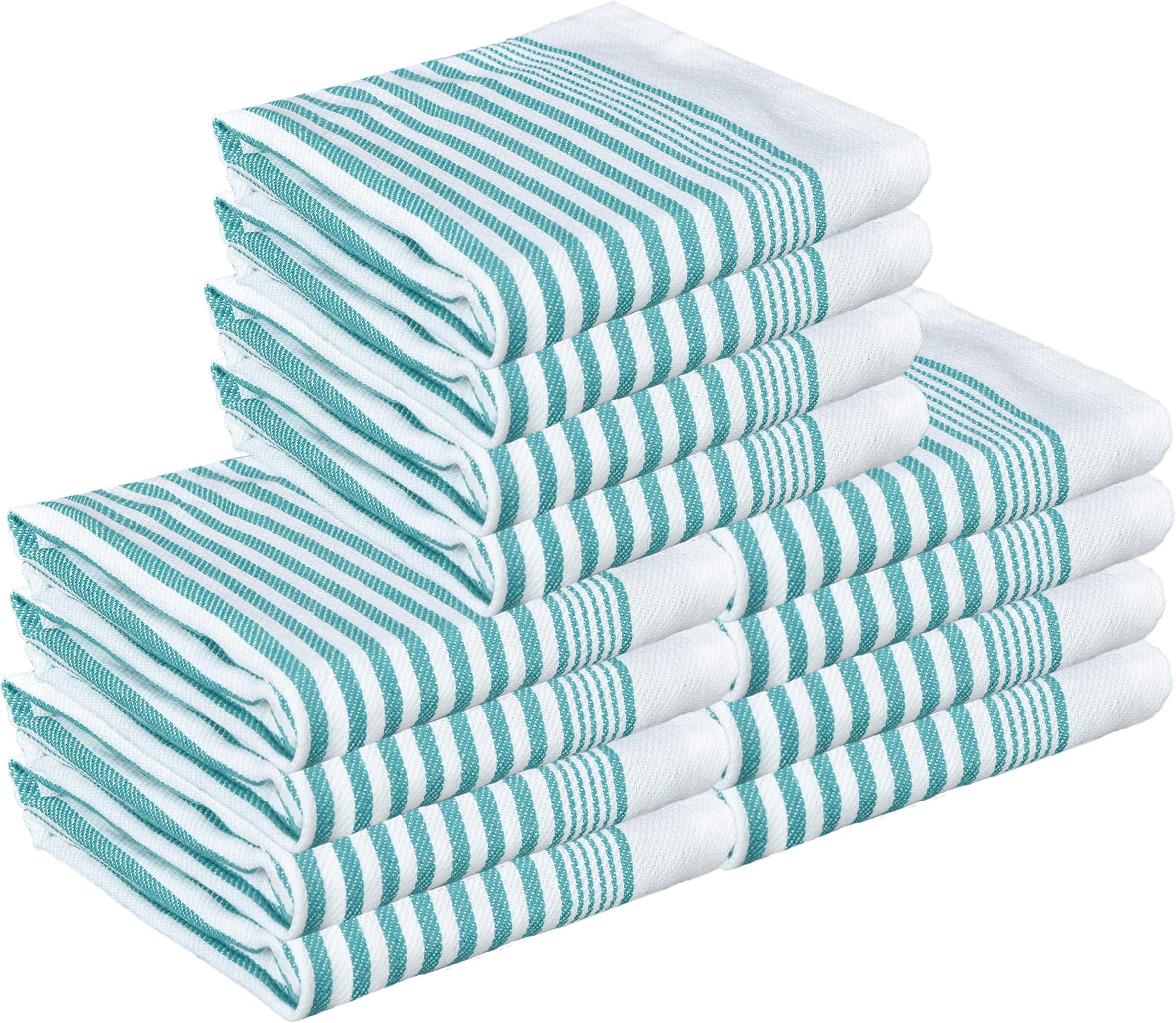 GLAMBURG 100% Cotton Kitchen Towels and Dish Cloth Sets, 12 Pack 18x28 Classic Stripe Dish Towels,Tea Towels,Bar Towels, Cleaning Towels, Highly Absorbent Dishcloth,Kitchen Towel Set - Teal