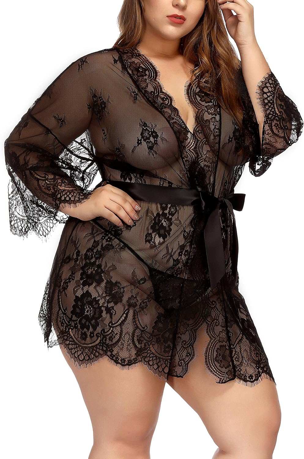 TGD Womens Lingerie Lace Plus Size Kimono Robe Mesh Nightgown Dress Sets at  Women’s Clothing store