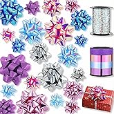 36 Pcs Gift Bows Assortment with 2 Crimped Ribbons, Multi Colored Assorted Size Present Bows for Weddings, Holiday(Shining Purple, Purple, Pink, White, Rose Gold, Silver)