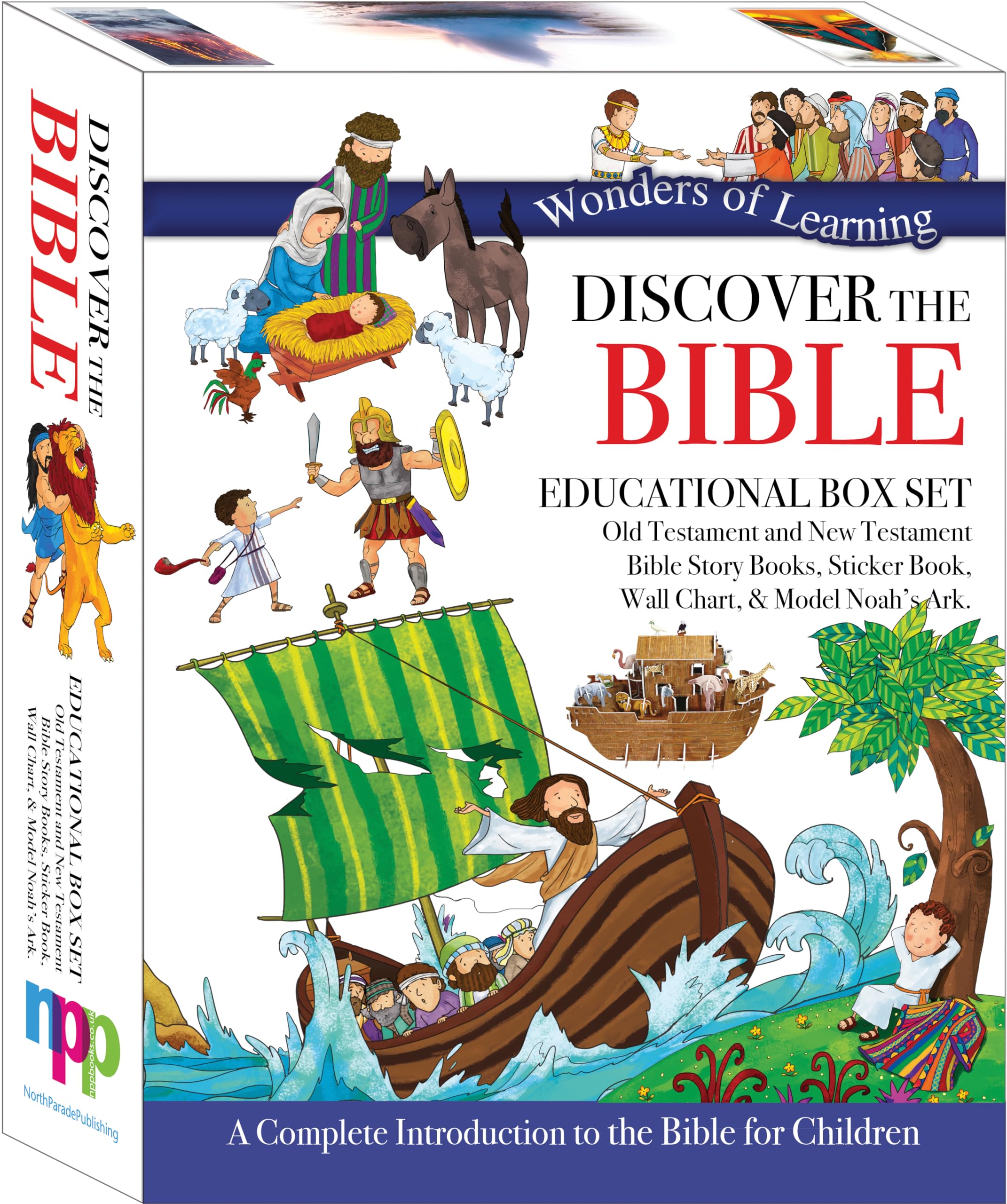 Wonders of Learning Box Set - Old & New Testament Reference Books, Sticker Book, Colouring Wall Chart and Model Ark Kit