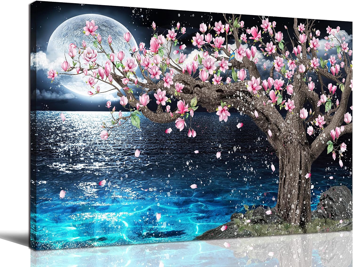 Wall Décor - Magnolia Tree Wall-Art For Bedroom - Pink And Blue Wall Decor - Moon Framed Canvas Art Picture 16
