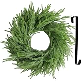 Rotroyce 24 Inch Real Touch Norfolk Pine Wreath with Hanger | Real-touch 24-inch Norfolk pine wreath with a natural grapevine base and black hanger for front doors and Christmas decor.