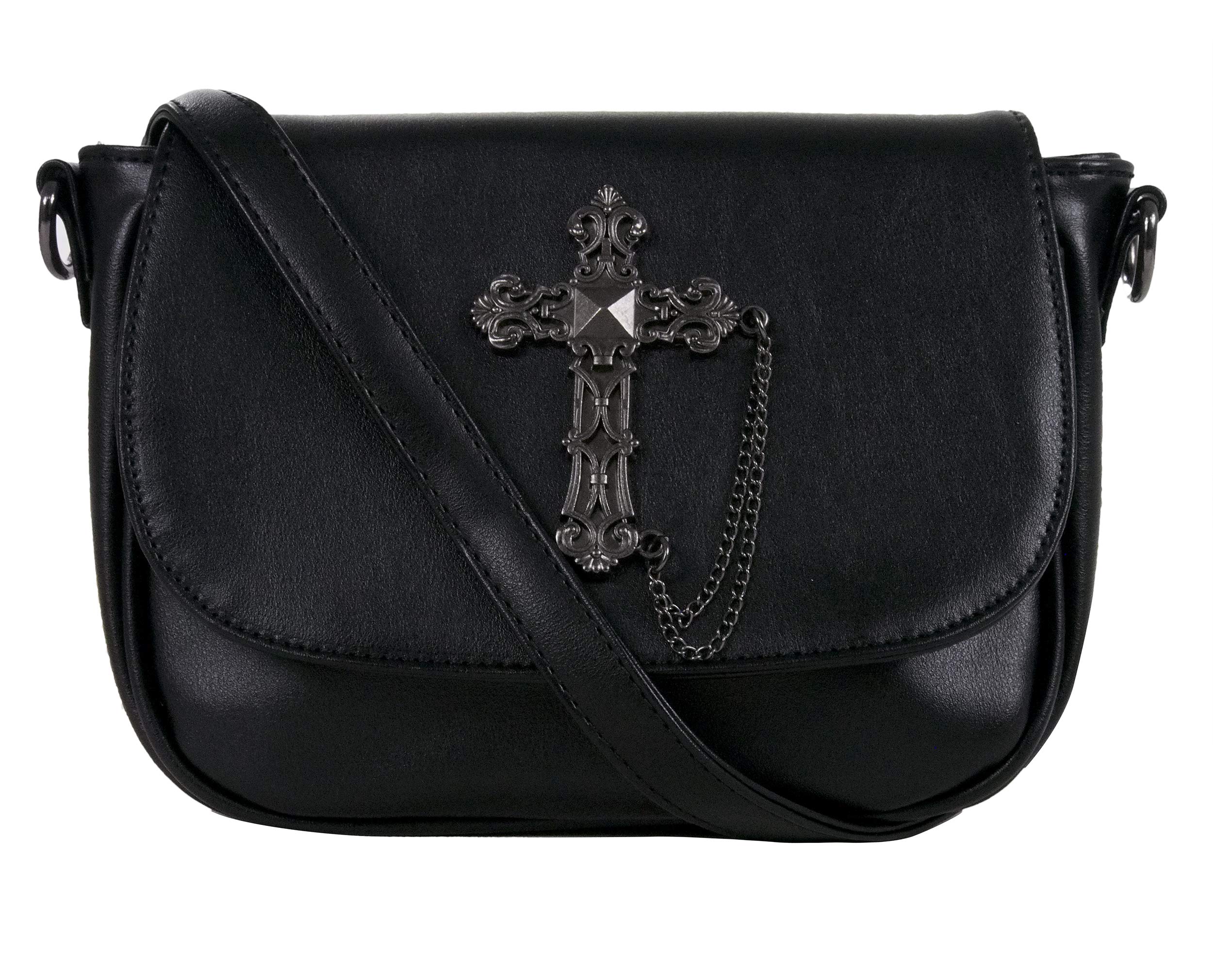 GOTHIC GOTHX METAL CROSS SHOULDER HANDBAG Ladies Long Strap Vegan Leather Black Goth Handbag Punk Rock GIg Festival Travel Bag