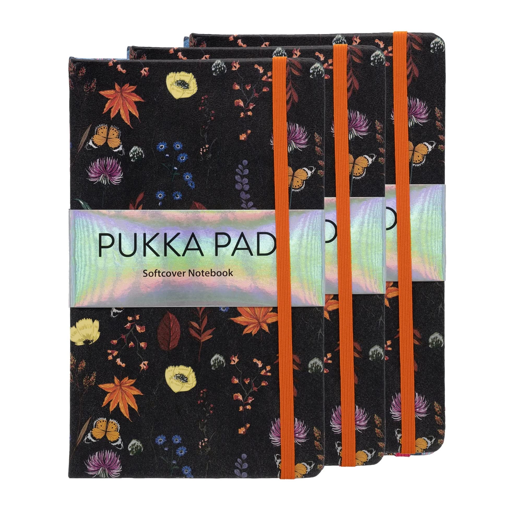 Pukka Pad Bloom Softcover Pad Notebook – 21 x 13cm – Pack of 3 Floral Designs, Black