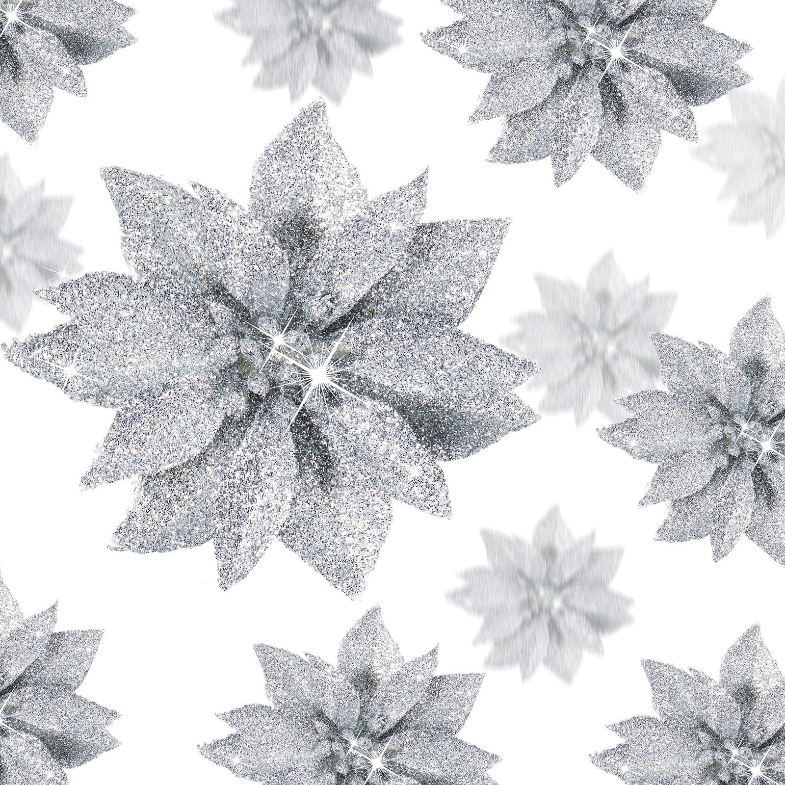 Chunyin 24 Pcs Christmas Poinsettias Artificial Flowers, 6" 4" 3" Glitter Poinsettia Clip on Ornaments Christmas Tree Decorations Indoor Xmas Poinsettias for Wreath Fireplace(Silver)