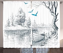Ambesonne Landscape Curtains, Boat on Calm River