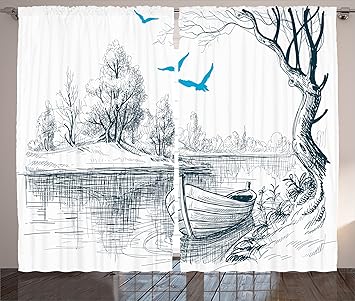 Ambesonne Landscape Curtains Boat On Calm River Trees Birds Twigs Sketch Drawing Clipart Water Minimalist Living Room Bedroom Window Drapes 2 Panel