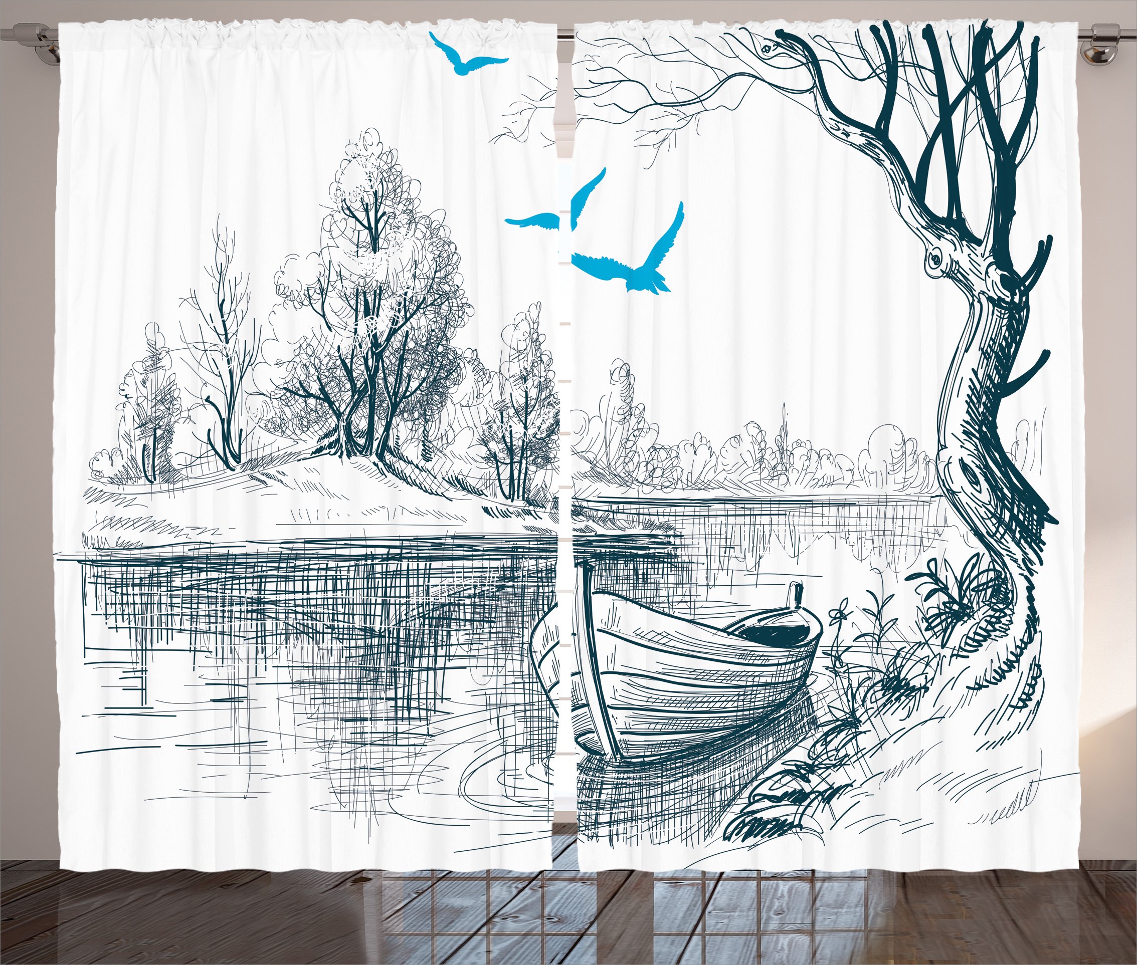 Ambesonne Landscape Curtains, Boat on Calm River