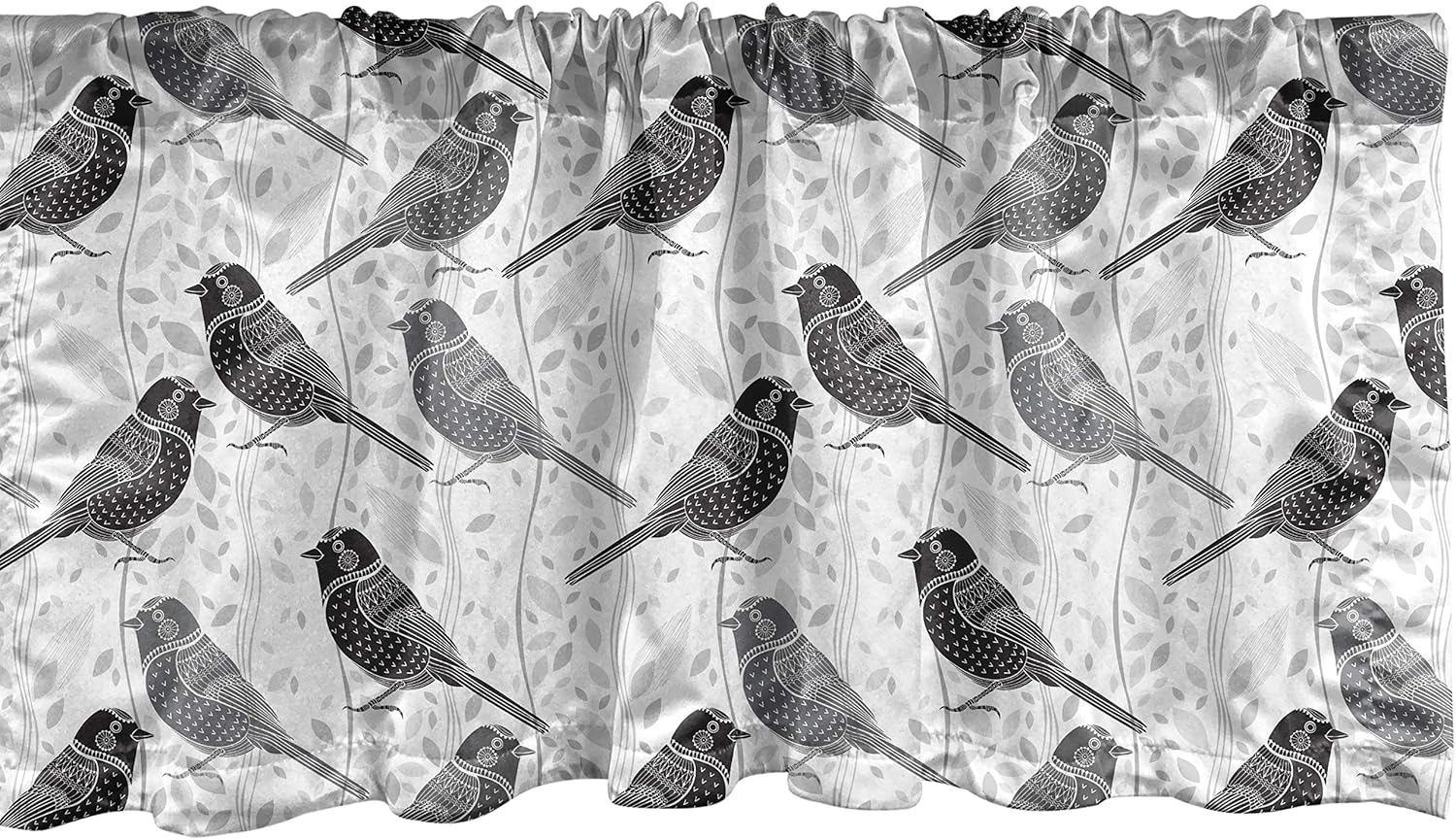 Lunarable Grey and White Window Valance, Bird with Ornate Patterns on Wavy Vertical Lines and Leaves, Curtain Valance for Kitchen Bedroom Decor with Rod Pocket, 54