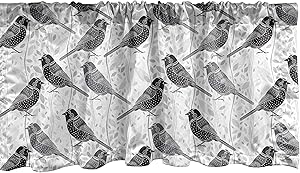 Lunarable Grey and White Window Valance, Bird with Ornate Patterns on Wavy Vertical Lines and Leaves, Curtain Valance for Kitchen Bedroom Decor with Rod Pocket, 54