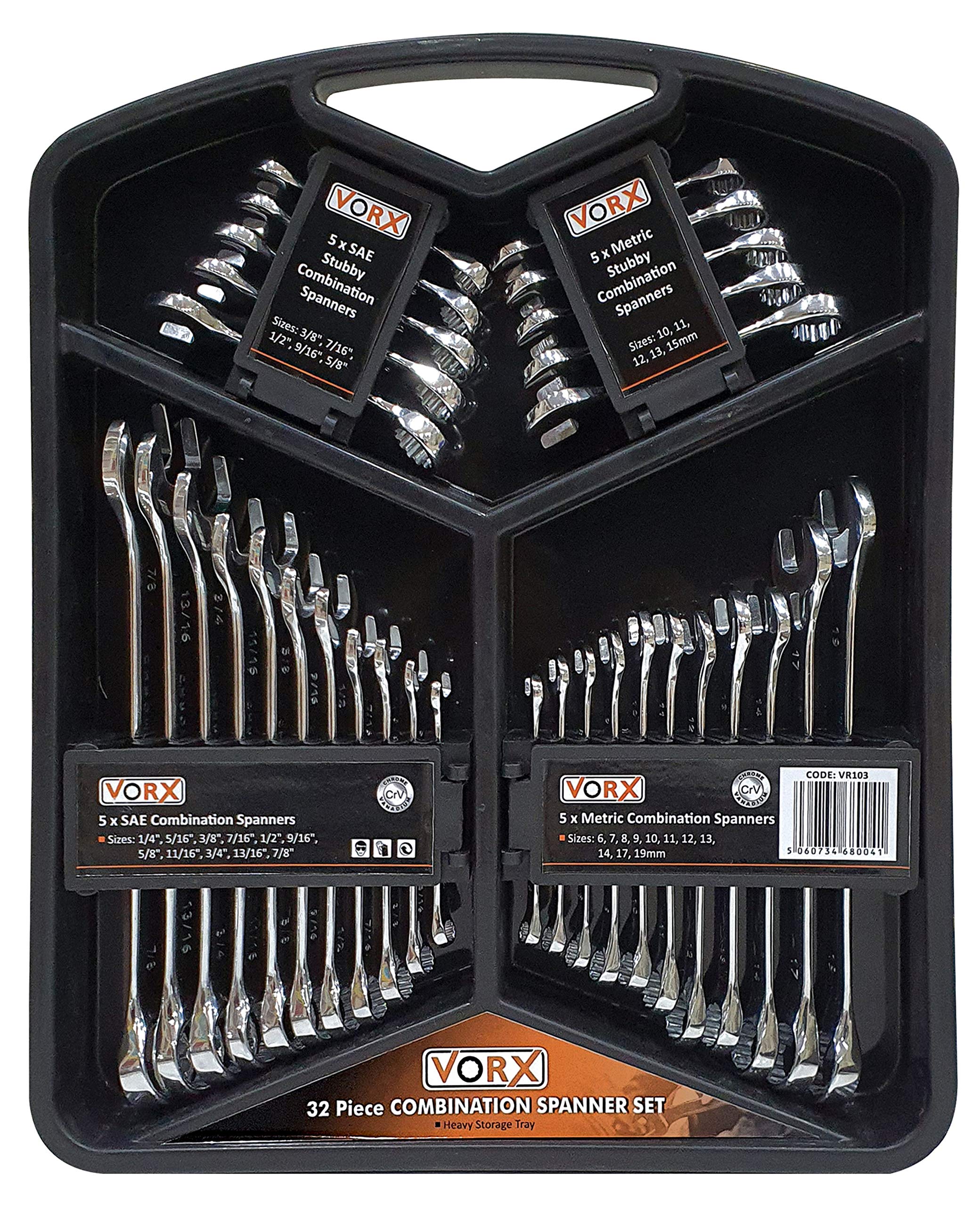 VORX PRO Spanner Set 32 Piece Drop Forged Metric & Imperial CRV Combination Open & Stubby Bi-Hexagonal Spanner Set