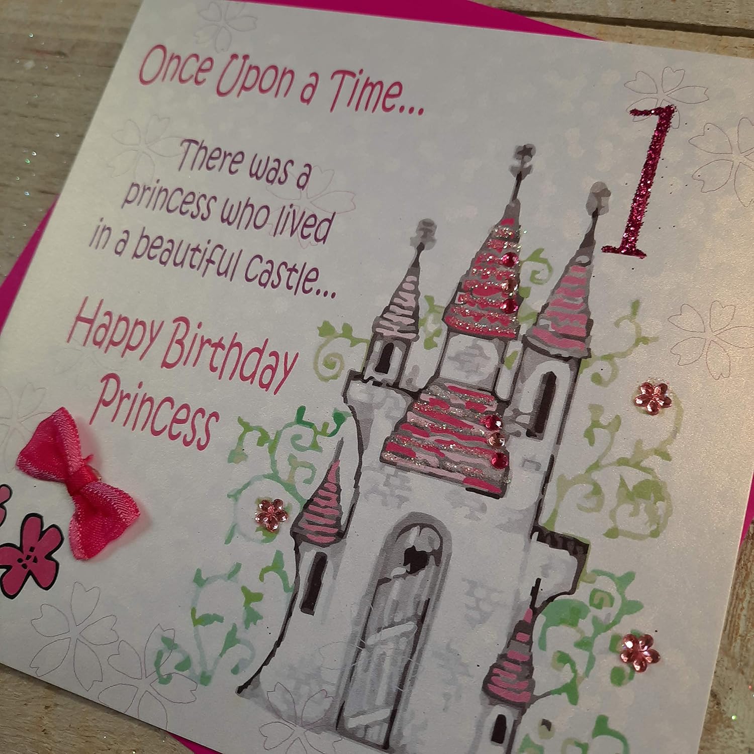 white cotton cards Once Upon A Time…Happy Princess 1, Handmade 1st Birthday Card (Castle), 16cm x 16cm - Image 4
