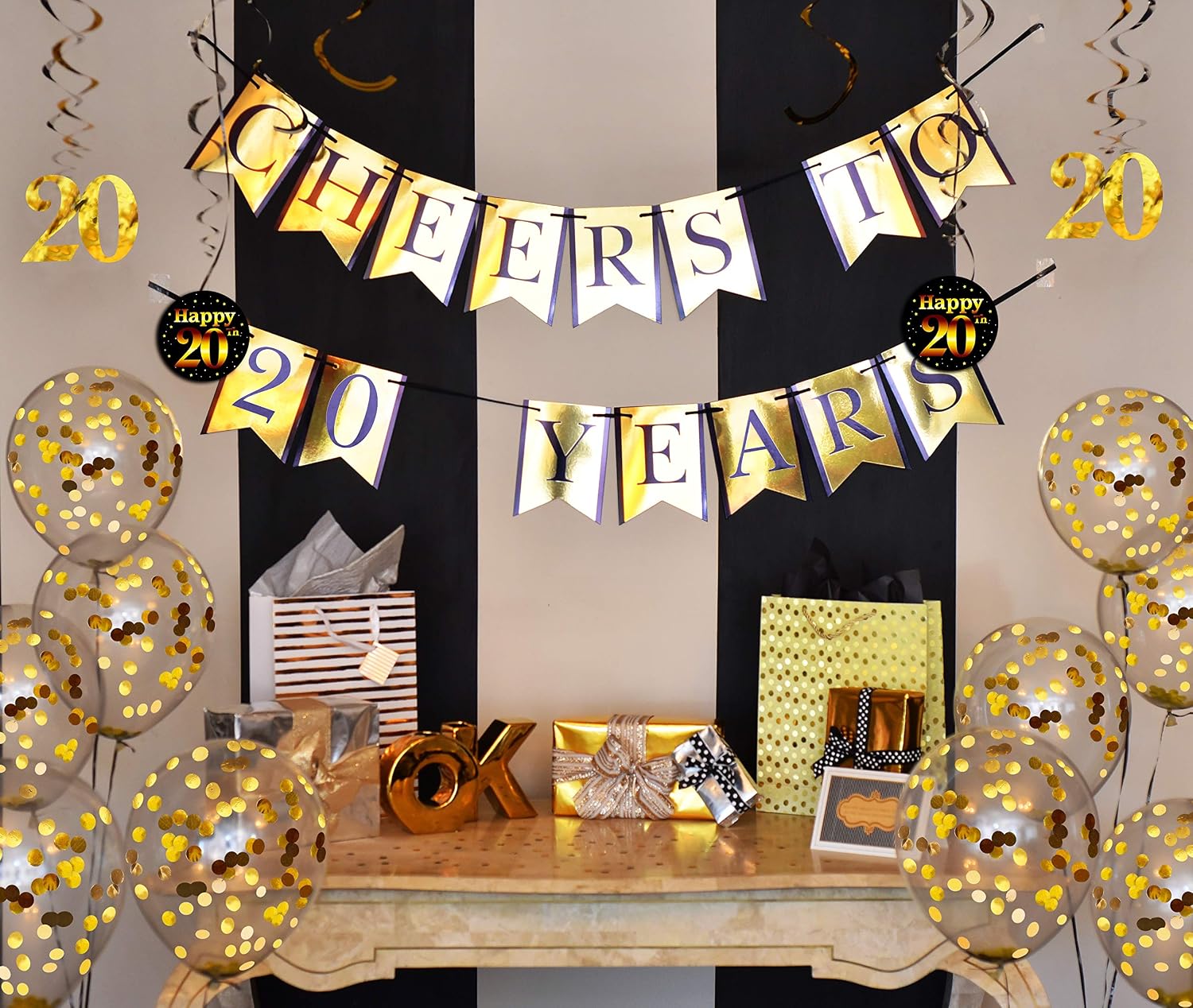 20th Birthday and Anniversary Decorations Party Pack - Cheers to 20 Years Banner, Balloons, Swirls and Confetti Party Supplies - Image 4