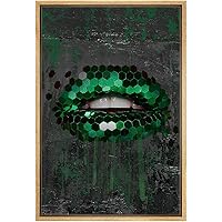 SIGNWIN Framed Canvas Print Wall Art Green and Black Hexagon Sparkled Lips People Texture Photography Realism Glam Closeup Colorful for Living Room, Bedroom, Office - 16