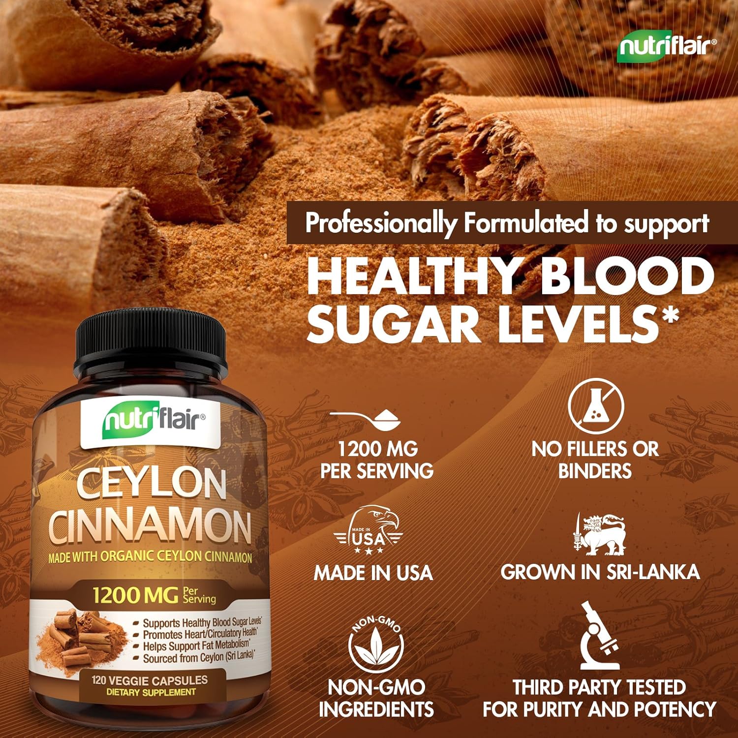 NutriFlair Ceylon Cinnamon (Made with Organic Ceylon Cinnamon) 1200mg per Serving, 120 Capsules - Healthy Blood Sugar Support, Joint Support, Anti-inflammatory & Antioxidant - True Sri Lanka Cinnamon: Health & Personal Care