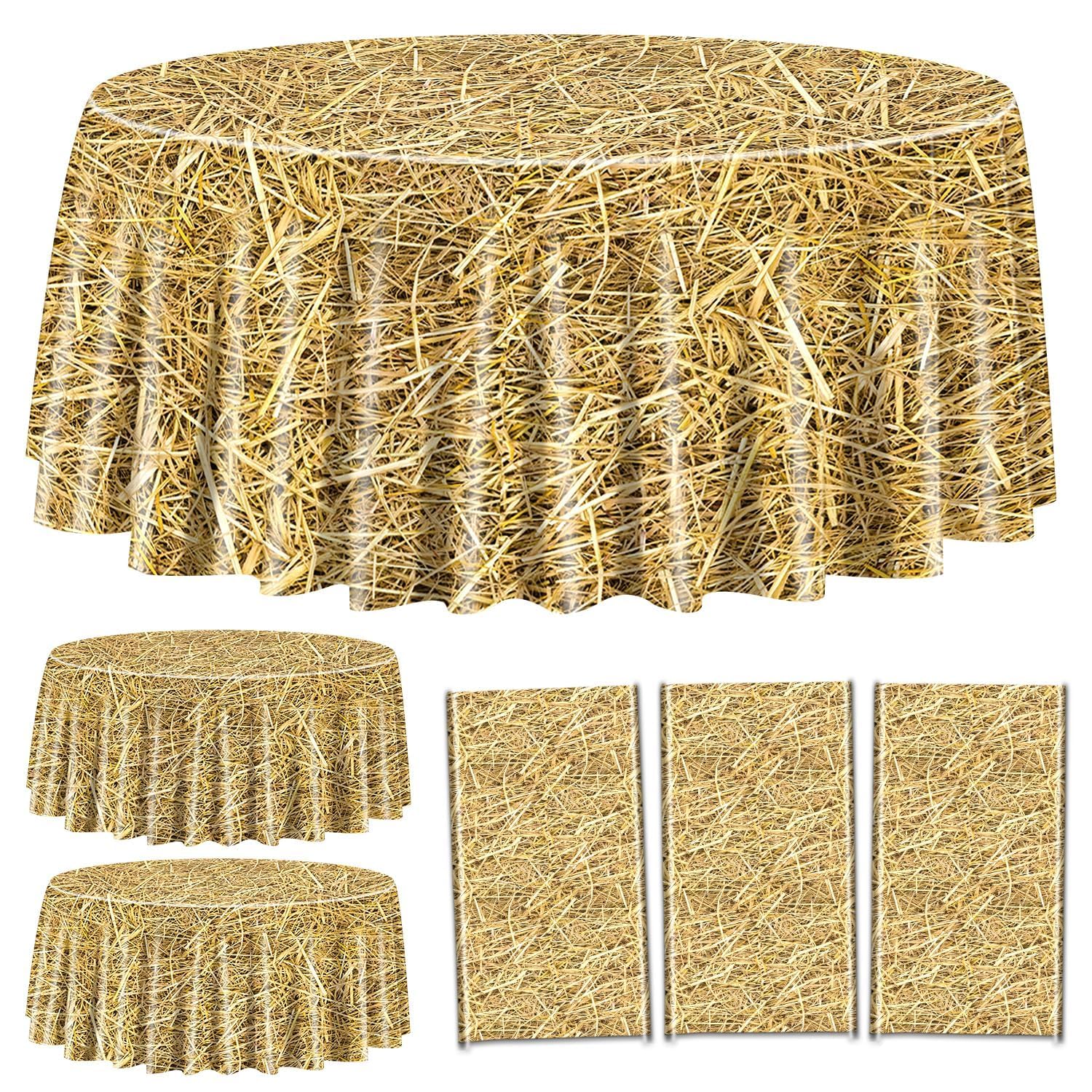 PTECDROTS 3Pcs Straw Tablecloth - 84 inch Round Straw Table Cover Waterproof Farm Table Cloth Hay Stacks for Farm Party Decorations Cowboy Western Theme Party Supplies